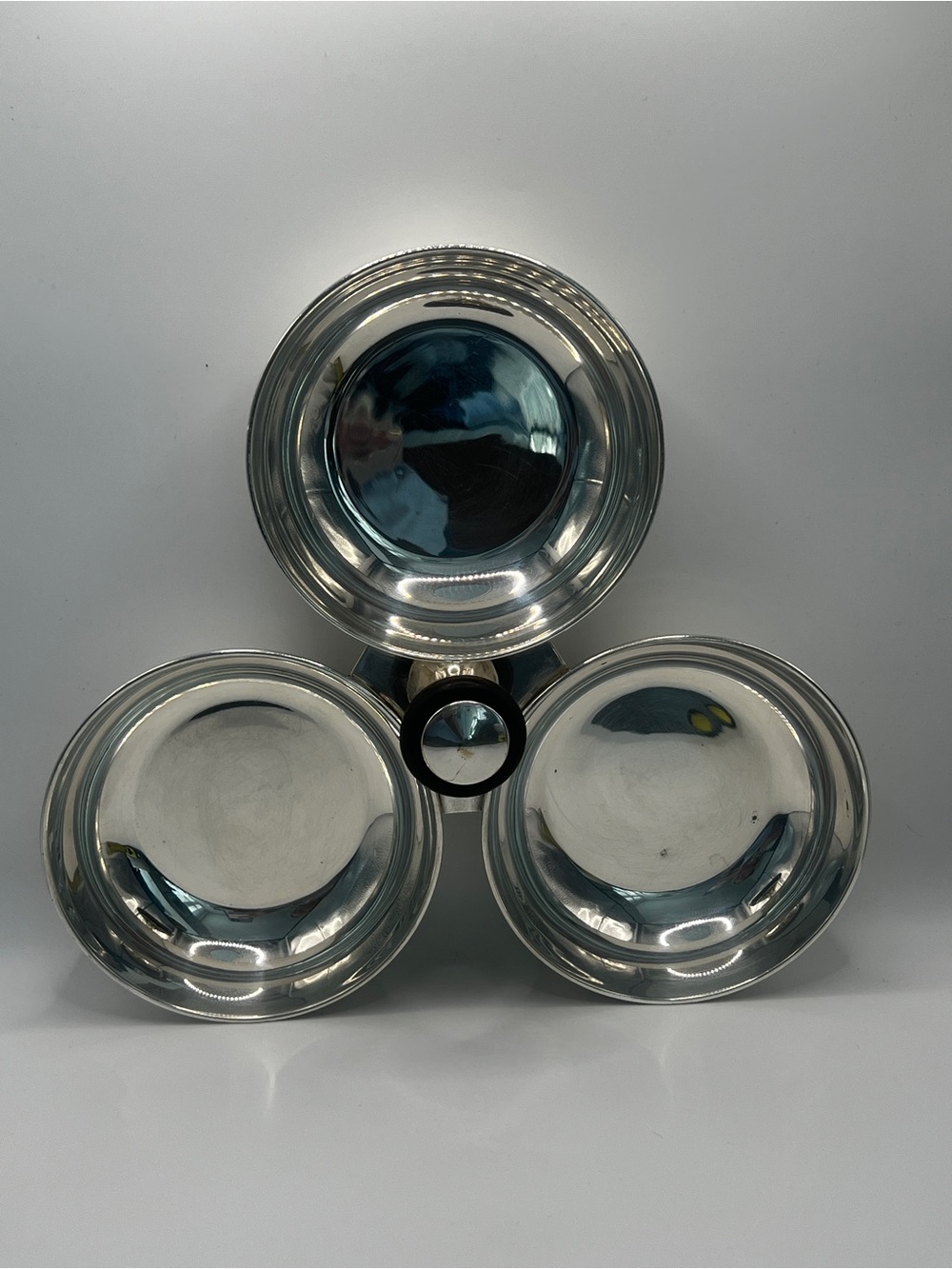 Vintage SIS Silver-Plated Triple-Bowl Condiment Server With Wooden Knob